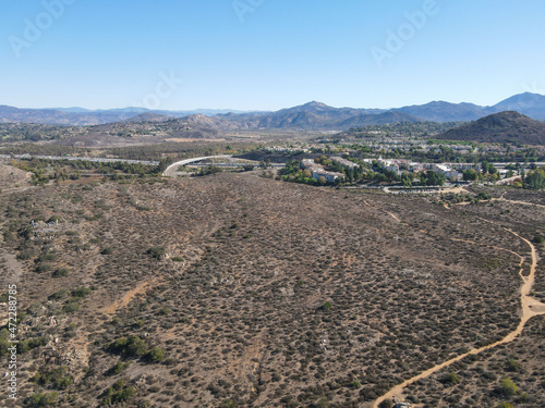 Aerial view of Bernardo Mountain in San Diego County during blue day, California, USA photo