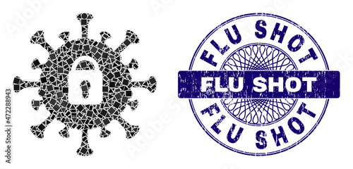 Geometric collage covid lockdown, and Flu Shot scratched stamp. Violet stamp has Flu Shot tag inside round shape. Vector covid lockdown collage is composed of random round, triangle, rectangle dots.