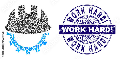 Geometric mosaic development hardhat, and Work Hard! textured badge. Violet seal has Work Hard! text inside round form. Vector development hardhat mosaic is formed of randomized round, triangle,