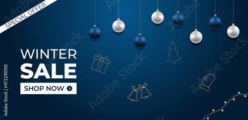Winter sale luxury background with christmas toys and text. Minimalistic cover special offer. Vector illustration concept. New year icons in gold color.