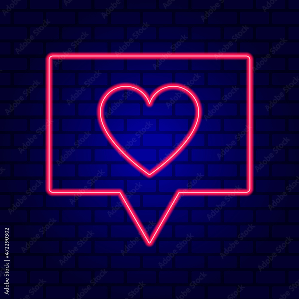 Neon Red Glowing Heart in Spech Bubble Banner on Dark Empty Grunge Brick Background.