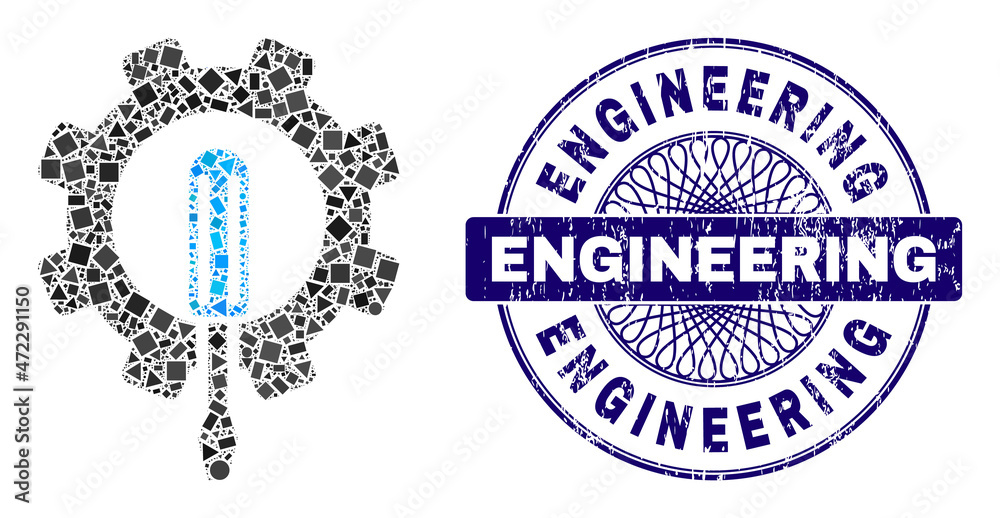 Fototapeta premium Geometric collage engineering, and Engineering rubber seal print. Blue seal has Engineering text inside round shape. Vector engineering mosaic is created of scattered round, triangle, square parts.