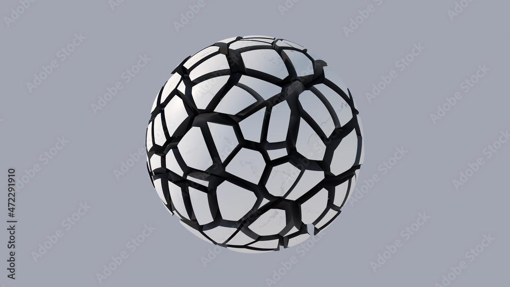White and black broken sphere. Abstract illustration, 3d render.