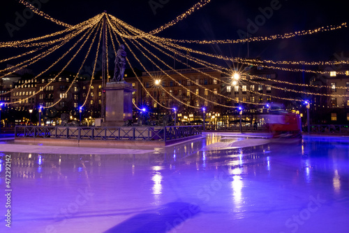 Winter in Stockholm. Ice skating in the square in Kungstradgarden. Sweden, Stockholm 