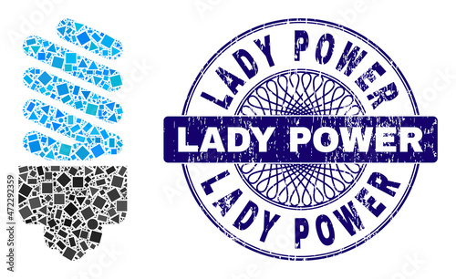 Geometric mosaic fluorescent bulb, and Lady Power grunge stamp seal. Blue stamp seal includes Lady Power tag inside circle shape. Vector fluorescent bulb mosaic is designed from random circle,