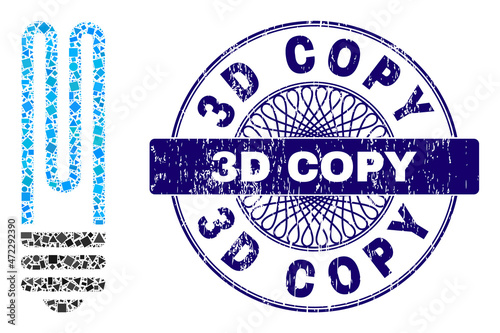 Geometric collage fluorescent bulb, and 3D Copy unclean seal. Violet seal includes 3D Copy text inside round shape. Vector fluorescent bulb collage is formed of randomized round, triangle,