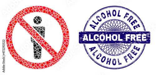 Geometric collage forbidden man figure, and Alcohol Free dirty watermark. Blue stamp seal has Alcohol Free text inside circle shape. Vector forbidden man figure collage is organized of random circle,