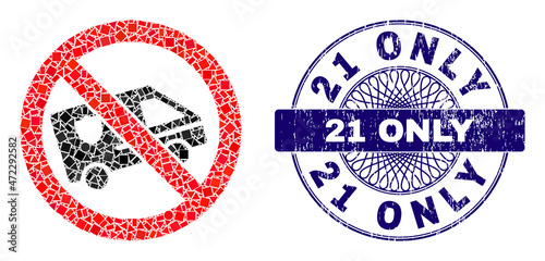 Geometric collage forbidden patrol car, and 21 Only unclean seal imitation. Blue stamp seal has 21 Only caption inside round shape.