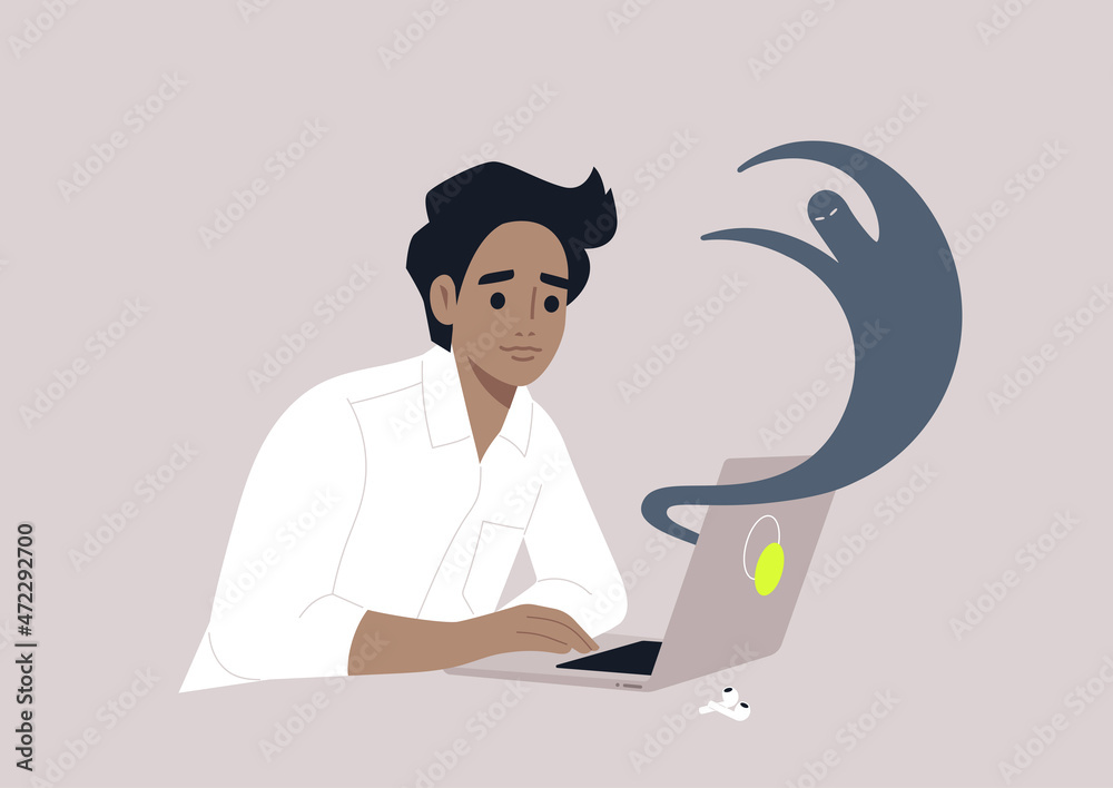 A young male Caucasian character suffering from the internet haters, cyberbullying, stress at work A young male Caucasian character suffering from the internet haters, cyberbullying, stress at work