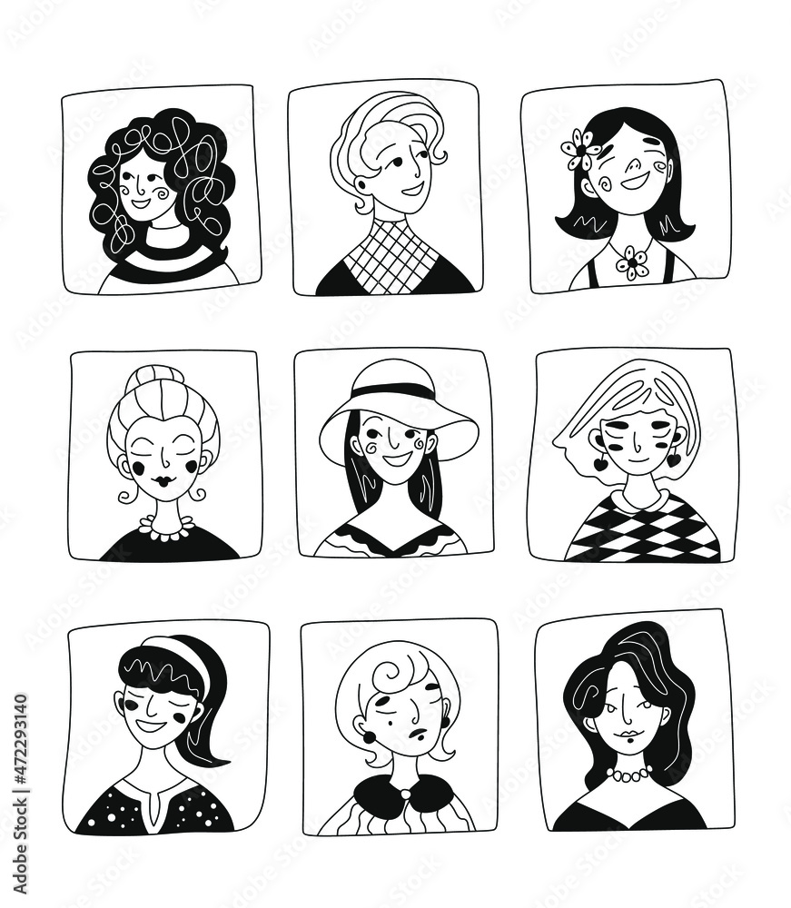 set of portraits of female faces in cartoon style set of portraits of female faces in cartoon style