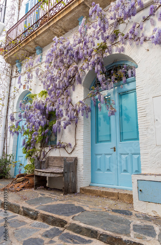The beautiful village of Cadaques with its typical white and blue streets