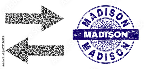 Geometric collage horizontal flip arrows, and Madison unclean stamp. Blue stamp has Madison tag inside round form. Vector horizontal flip arrows mosaic is constructed from different round, triangle,