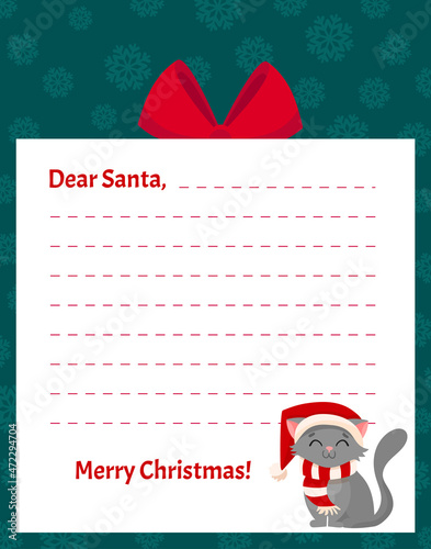 Letter template to Santa Claus from kids. Children Christmas wish list with gifts, snow, and winter elements. Cartoon vector illustration.