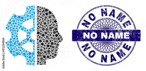 Geometric collage intellect, and No Name unclean stamp seal. Blue stamp seal has No Name tag inside circle shape. Vector intellect collage is composed with scattered spheric, triangle,