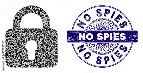 Geometric collage lock, and No Spies dirty watermark. Blue stamp includes No Spies title inside circle shape. Vector lock collage is composed from random circle, triangle, rectangle dots.