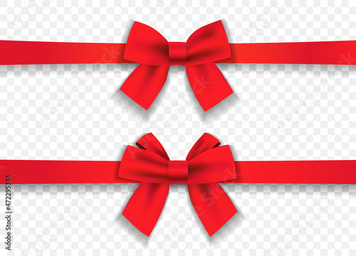 Set of satin decorative red bows with horizontal ribbon isolated on transparent background. Vector red silk bow and red ribbon for valentines or mathers day