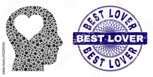 Geometric collage lover head, and Best Lover textured seal. Blue seal includes Best Lover title inside circle form. Vector lover head collage is done with scattered circle, triangle, rectangular dots.
