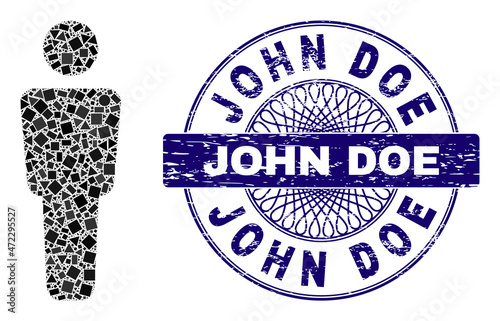 Geometric mosaic man alone, and John Doe textured seal imitation. Blue stamp seal has John Doe title inside circle shape. Vector man alone mosaic is organized of randomized spheric, triangle,