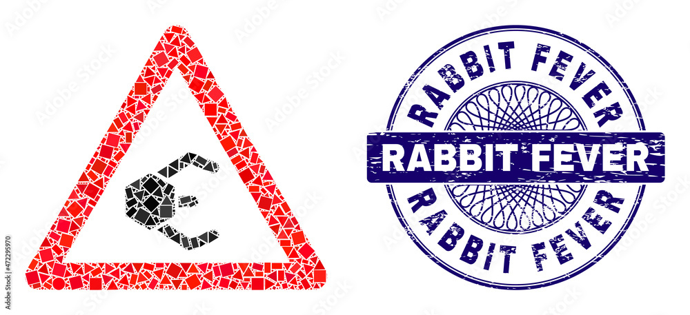 Geometric mosaic nanobot warning, and Rabbit Fever grunge stamp seal. Violet stamp seal has Rabbit Fever caption inside circle form. Vector nanobot warning mosaic is designed of randomized spheric,