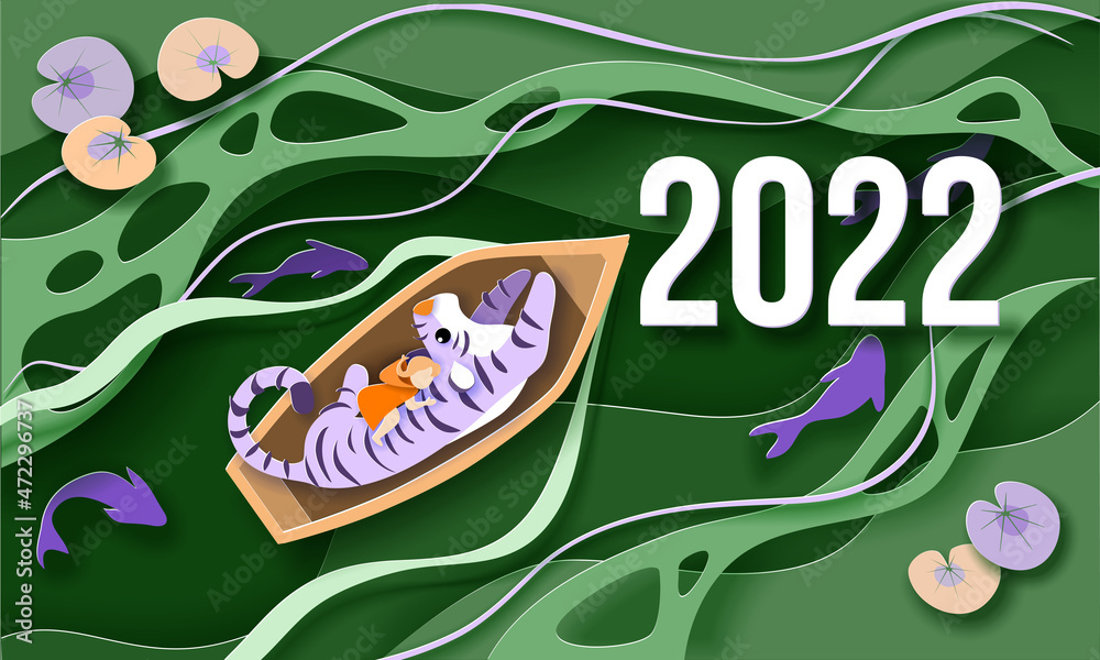 Naklejka premium Tiger and little girl in boat float on river with fishes.