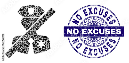 Geometric collage no police sheriff, and No Excuses rubber seal imitation. Violet stamp seal contains No Excuses title inside circle form.