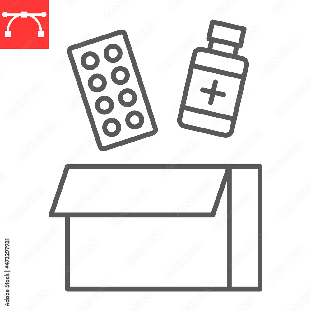 Drugs donation line icon, humanitarian and pharmacy, donation box with drugs vector icon, vector graphics, editable stroke outline sign, eps 10. Drugs donation line icon, humanitarian and pharmacy, donation box with drugs vector icon, vector graphics, editable stroke outline sign, eps 10.