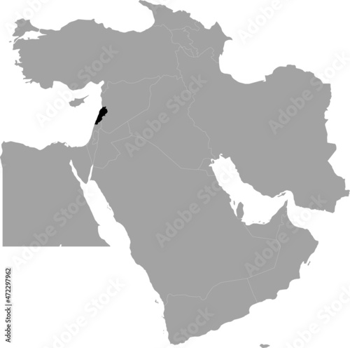 Black Map of Lebanon inside the gray map of Middle East region of Asia