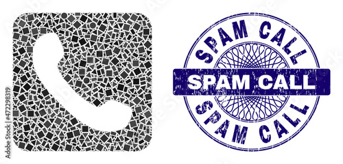 Geometric collage phone, and Spam Call corroded stamp seal. Violet stamp seal contains Spam Call title inside circle shape. Vector phone mosaic is made of randomized spheric, triangle, square parts.