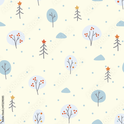 Seamless decorative winter pattern with snowy trees and snowfall in cartoon style