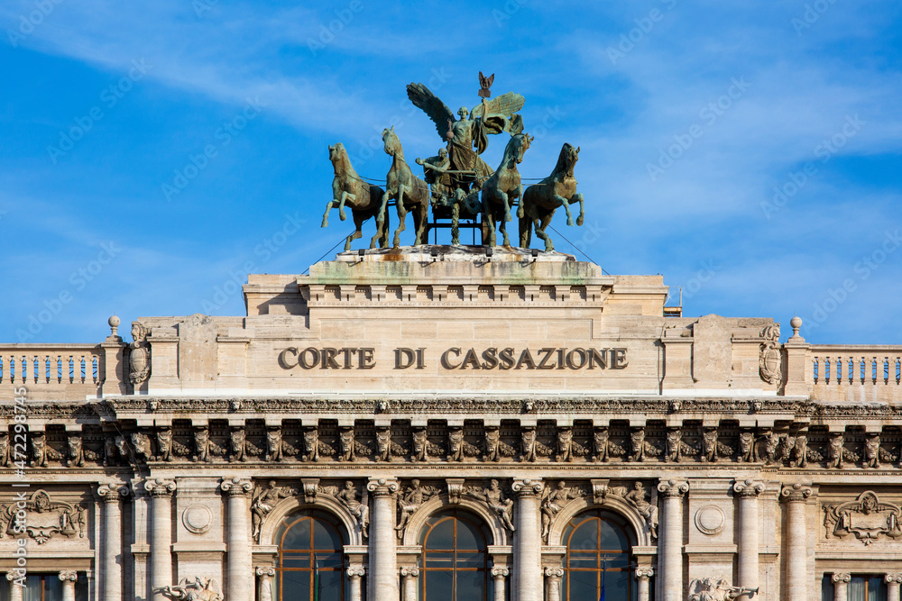 Quadriga at the top of Palace of Justice seat of Supreme Court of Cassation (Corte di Cassazione), Rome, Italy