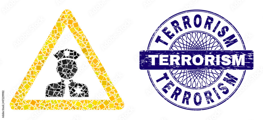 Geometric mosaic policeman warning, and Terrorism scratched seal imitation. Violet stamp seal includes Terrorism text inside circle form. Vector policeman warning mosaic is made of random circle,