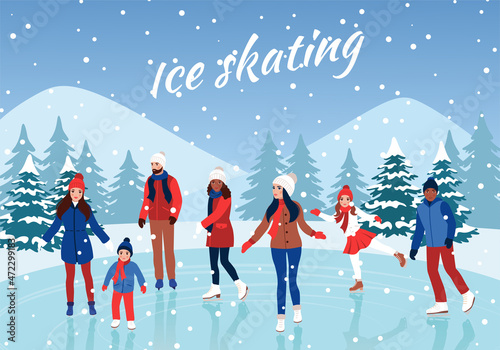 People ice skating. Winter ice rink. Vector illustration.