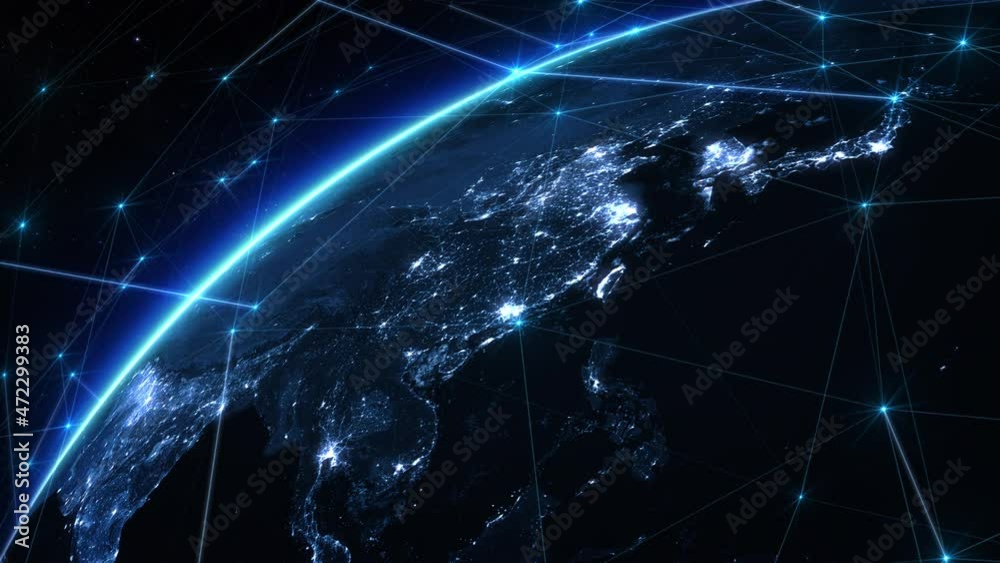Animation of Earth Rotating With City Lights. Bright Connections Forming A Network Over Asia, Japan and China. This Video Can Be Used To Represent Concepts Like Futuristic Technology, Social Networks
