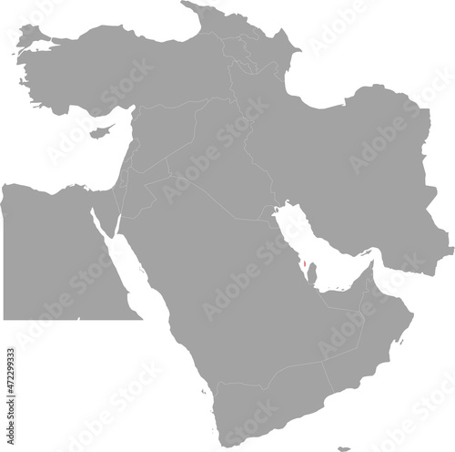 Map of Bahrain with national flag inside the gray map of Middle East region of Asia