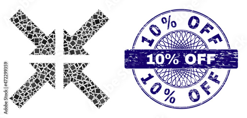 Geometric collage pressure arrows, and 10% Off scratched stamp seal. Violet stamp has 10% Off text inside circle shape. Vector pressure arrows mosaic is made with randomized circle, triangle,