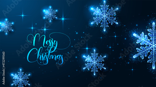 Abstract Merry Christmas digital web banner template with glowing snowflakes on dark blue background