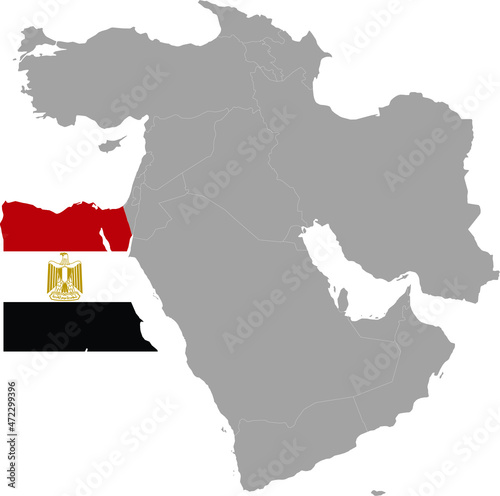 Map of Egypt with national flag inside the gray map of Middle East region of Asia
