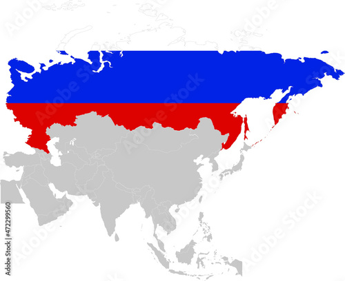 Russia - North region of Asia with national flag inside gray map of Asia