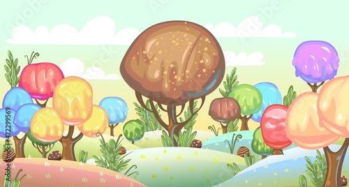 Candy background. Cartoon sweet land. Beads of jelly, ice cream and caramel. Chocolate tree. Cute childrens fairy landscape. Clouds. Fantastic illustration. Vector