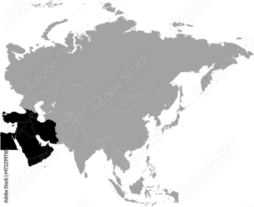 Black Map of Middle East region of Asia inside the gray map of Asia