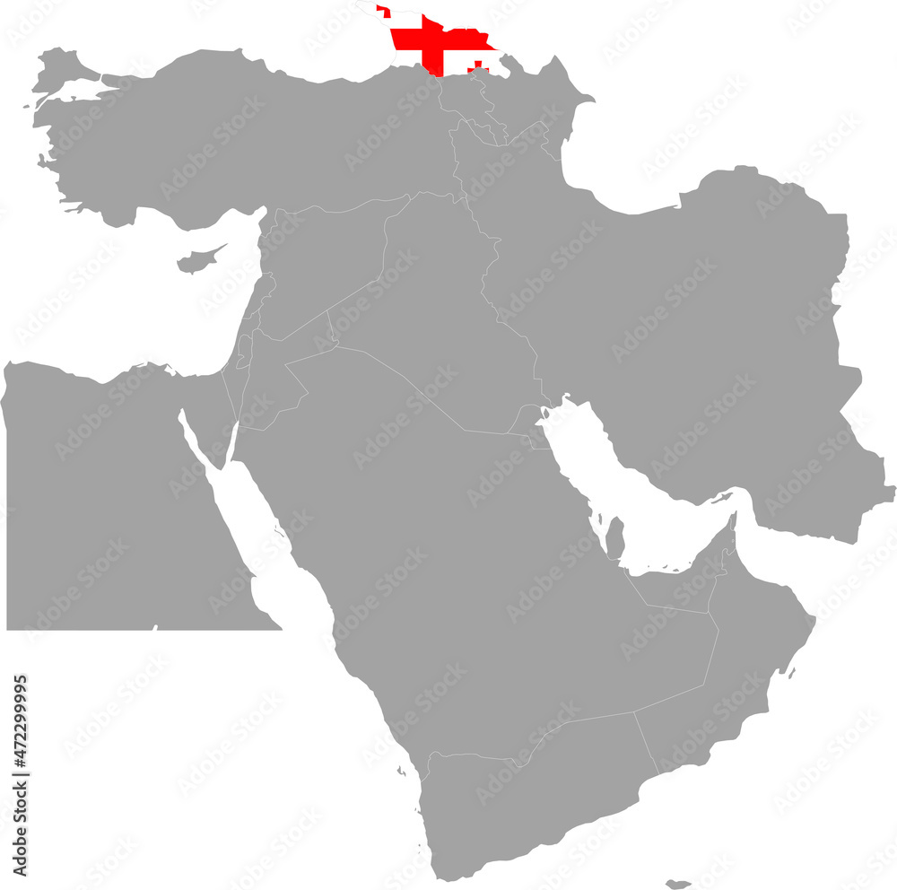 Fototapeta premium Map of Georgia with national flag inside the gray map of Middle East region of Asia