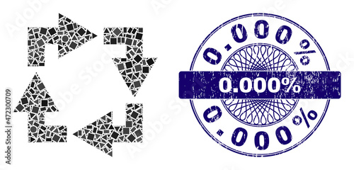 Geometric collage recycle, and 0.000% textured seal imitation. Blue seal contains 0.000% title inside round shape. Vector recycle collage is designed of scattered round, triangle, square dots.