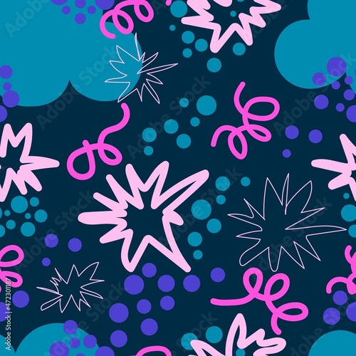 Seamless pattern with abstract drawing. Clouds  circles  spirals and other geometrically scattered random shapes against a dark background. 