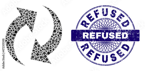 Geometric mosaic refresh, and Refused scratched seal. Violet seal contains Refused tag inside round form. Vector refresh mosaic is made from different circle, triangle, square parts.