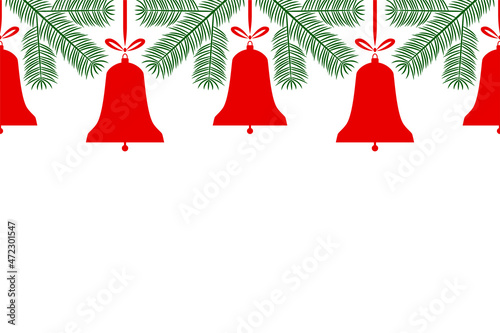 seamless border with christmas bells and spruce twigs on white background