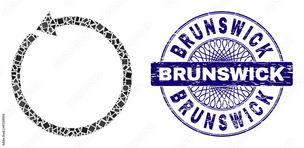 Fototapeta premium Geometric mosaic rotate ccw, and Brunswick rubber stamp seal. Violet stamp seal contains Brunswick tag inside circle shape. Vector rotate ccw collage is designed of scattered circle, triangle,