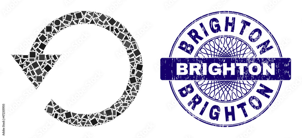Geometric mosaic rotate ccw, and Brighton scratched stamp. Violet stamp seal has Brighton title inside circle form. Vector rotate ccw mosaic is made of scattered circle, triangle, rectangle items. Geometric mosaic rotate ccw, and Brighton scratched stamp. Violet stamp seal has Brighton title inside circle form. Vector rotate ccw mosaic is made of scattered circle, triangle, rectangle items.
