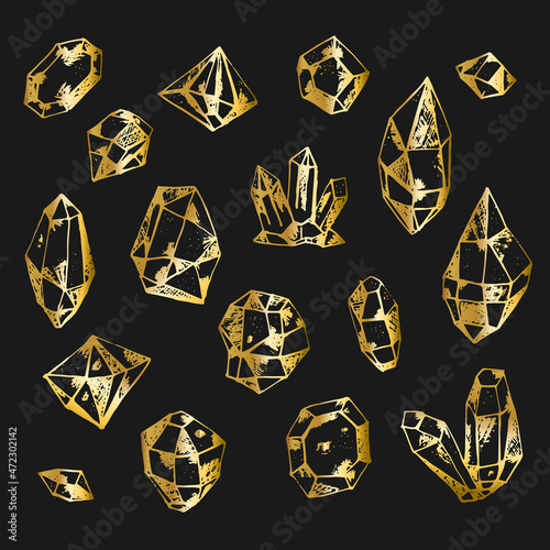 Set of sketch hand drawn golden vector crystals. Collection of shiny gold doodle minerals for decor and package design, patterns