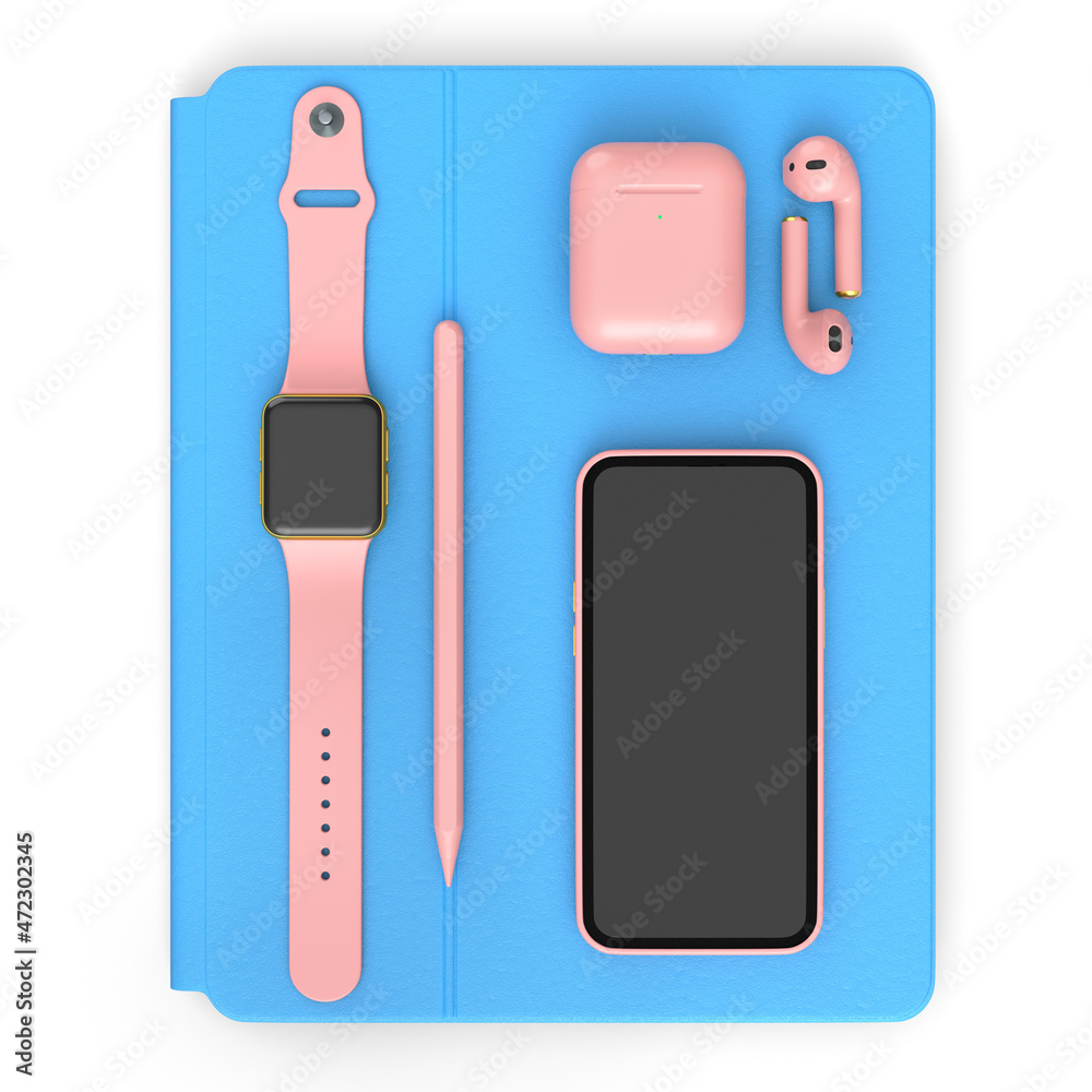 Computer tablet with stylus, smartwatch, phone and headphone on white background Computer tablet with stylus, smartwatch, phone and headphone on white background