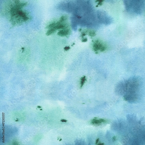 abstract watercolor background seamless pattern. Hand painted stains, deep water texture. Blue, green, navy brush strokes. For Textile, clothes design, wedding decor, wrapping paper, marble imitation